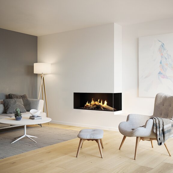 VISIO 100 gas fireplace insert with double-sided glass in large living room