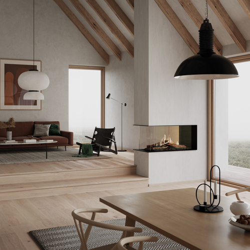 VISIO 100 gas room divider with black steel frame VISIO 100 gas fireplace insert as room divider with black steel frame, between living room and dining room