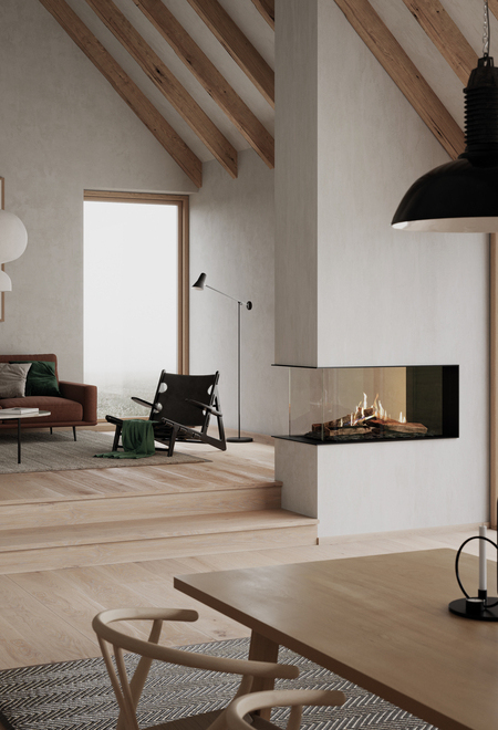 VISIO 100 gas fireplace insert as room divider with black steel frame, between living room and dining room