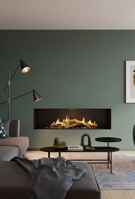 The VISIO 160 F gas fireplace is a front fireplace with a perfect view of the fire and a cozy living room.