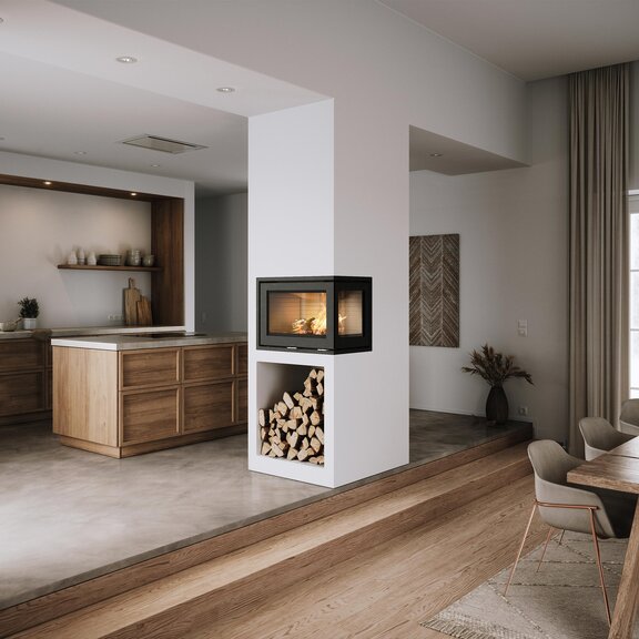 Wood fireplace insert R-500 2-sided, installed between kitchen and dining room