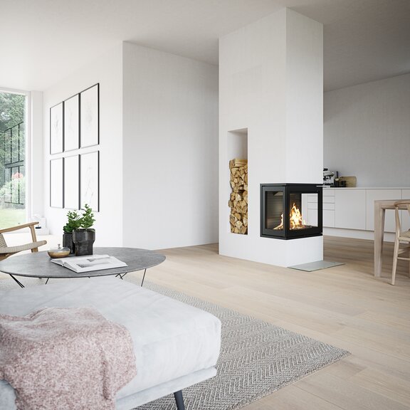 Wood fireplace insert R-600 three-sided in a bright, open-plan living room