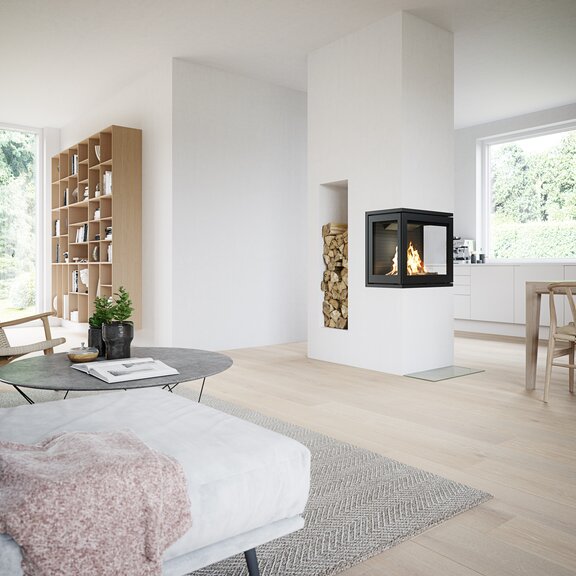 Wood fireplace insert R-600 three-sided in a bright, open-plan kitchen