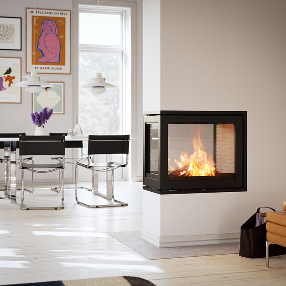 Room divider fireplace R-600 RD in the bright living room with modern dining table
