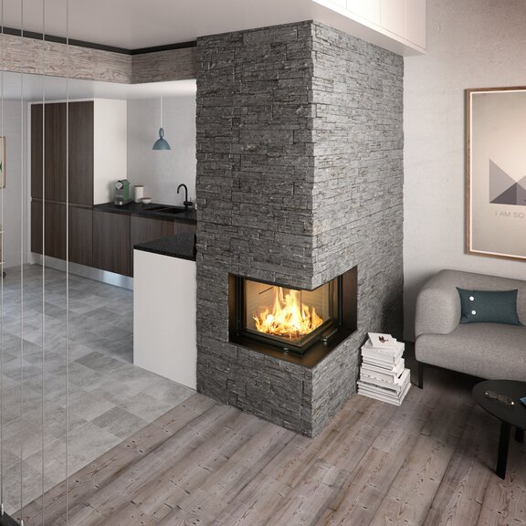 Wood fireplace VISIO 2 right, the corner fireplace separates the kitchen and living room and a modern staircase leads to the upper floor