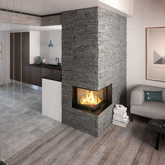 VISIO 2 right with black frame Wood fireplace VISIO 2 right, the corner fireplace separates the kitchen and living room and a modern staircase leads to the upper floor