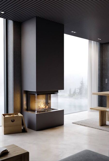 Wood fireplace VISIO 3 UNIQ with 3-sided glass panels and invisible frame shows the flames directly and stands in a modern dark grey living room