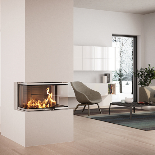 VISIO 3 Wood fireplace insert VISIO 3 fits perfectly as a three-sided fireplace between the living room and kitchen
