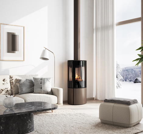 CARO 110 GAS in mocha with side windows Gas stove CARO 110 in mocha with glass door and side window in a cosy living room