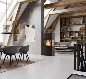 600 RD as a room divider between the dining room and living room Stove 600 RD in black acts as a room divider between the dining room and modern living room