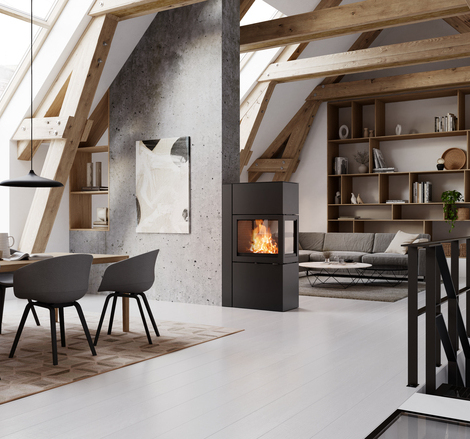 600 RD as a room divider between the dining room and living room Stove 600 RD in black acts as a room divider between the dining room and modern living room