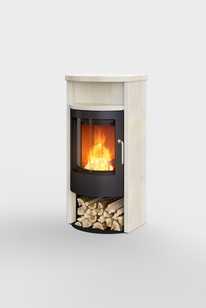 BANDO in natural stone "Porto" Wood stove BANDO clad in cream-coloured natural stone "Porto"