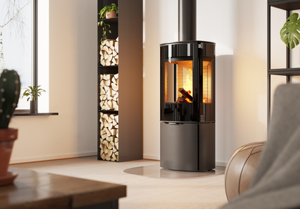 CARO 110 in black with glass door and side window Wood stove CARO 110 in black with glass door and side window
