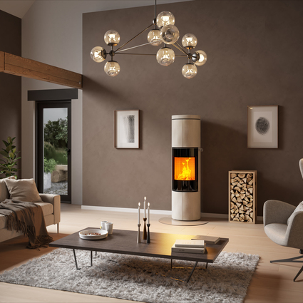 Wood stove JUNO 166 L with natural stone "Porto" cladding and glass door in a large living room in earthy colours