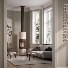 JUNO 166 L with natural stone «Porto» cladding and steel door in the colour mocha in a modern living room with large window fronts