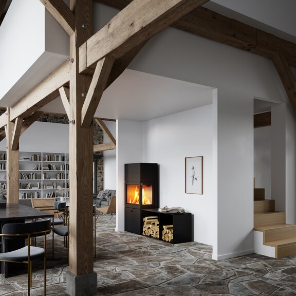 Wood stove MAX 600/150 in black with one side window and two side benches as a corner model in an open, spacious dining room