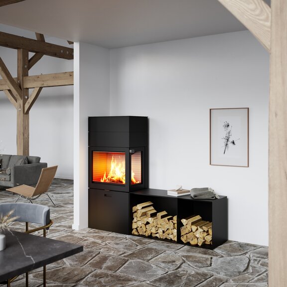 Wood stove MAX 600/150 in black with one side window and two side benches as a corner model in the dining room