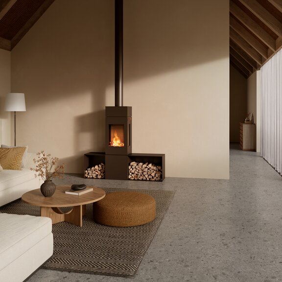 NEXO 140 wood-burning stove in the colour mocha in a simple and bright living room