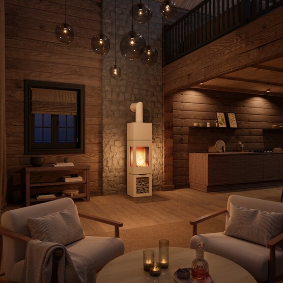 Wood-burning stove NEXO 160 in sand colour at a stone wall in a rustic chalet in an evening mood