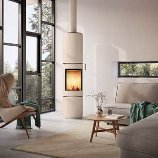 PILAR stove in sand with steel door and oak handle PILAR stove in sand with steel door and oak handle in a modern living room with large windows