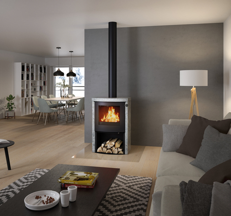 Q-TEE 2 C Soapstone with steel door Wood stove Q-TEE 2 C Soapstone with steel door and wood compartment in the living room in various shades of grey