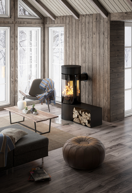 Wood stove VIVA 120 L in black with side bench in a modern wooden house in the forest