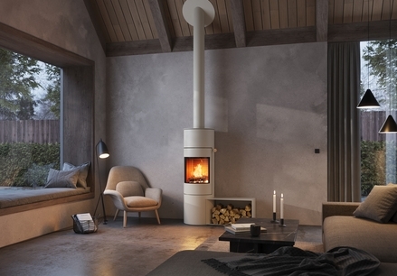 VIVA 140 L in the colour sand with side bench Wood stove VIVA 140 L in the colour sand with side bench in a modern flat in earth tones