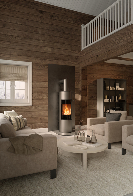 VIVA 140 L in platinum colour with glass doors on a wooden wall Wood stove VIVA 140 L in platinum colour with glass doors on a wooden wall in a rustic house