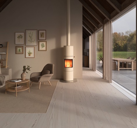VIVA 160 L in sand colour in a bright living room VIVA 160 L wood stove in sand colour with steel door and oak nature handle in a bright living room