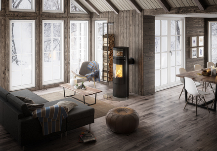 VIVA L oven in black with integrated baking compartment Wood stove VIVA L oven in black with integrated baking compartment, in which fresh bread is baked with the heat of the fire