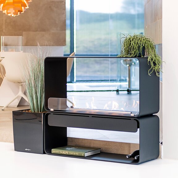 Austin freestanding bioethanol fireplaces with storage space