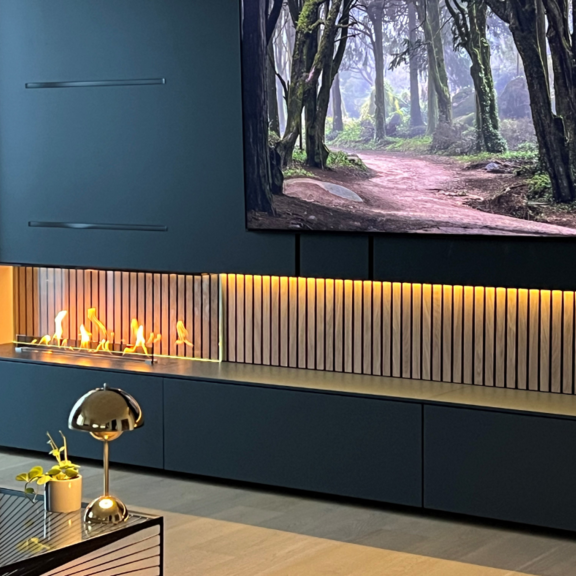 Denver F3 bioethanol burner in the sideboard of a living room