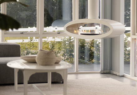 Ellipse Ceiling in the living room Stylish Ellipse Ceiling bioethanol fireplace in white in a bright living room