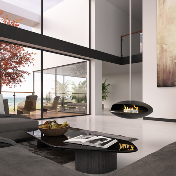 Espoo Ceiling bioethanol fireplaces in a modern, luxurious living room