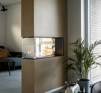 Montreal room divider in a modern living room Bioethanol burner Montreal room divider in a modern living room in brown panelling