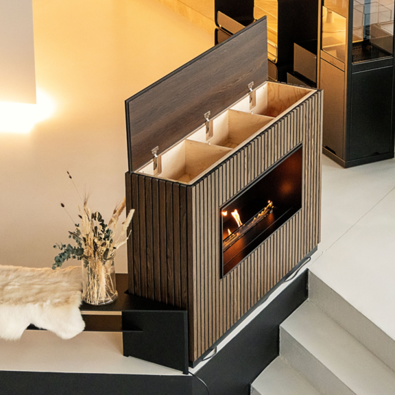 Bioethanol burner, panel wall, front depth, wood panelling, storage space