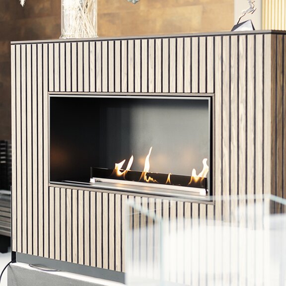 Bioethanol burner, panel wall, front depth, wood panelling, mobile