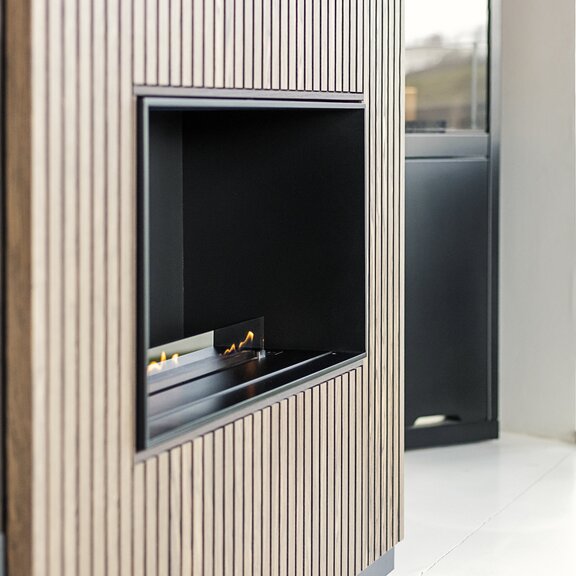 Bioethanol burner Panel Wall Front deep wood panelling side view