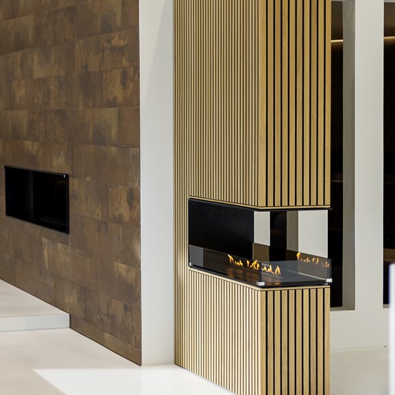 Bioethanol burner, panel wall room divider, high, wooden panelling, frontal