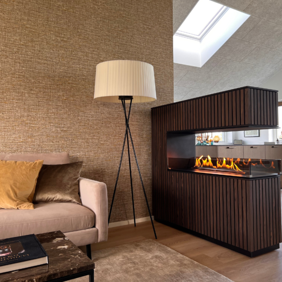 Bioethanol burner Panel Wall room divider in a deep dark wood panelling in the living room