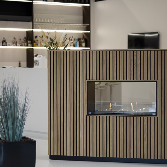 Bioethanol burner, panel wall tunnel, deep, wood panelling, bar