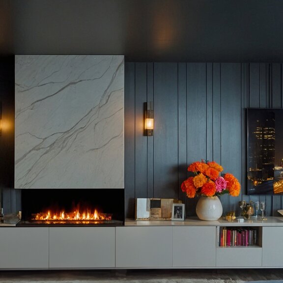 Electric fire Montreal 3-sided in dark modern living room