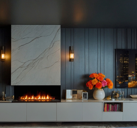 Montreal 3-sided in dark modern living room Electric fire Montreal 3-sided in dark modern living room