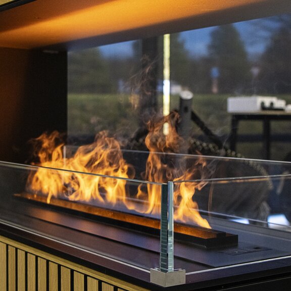 Electric fire panel wall room divider in black wooden casing