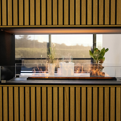 Electric fire panel wall room divider in high wooden panelling on the side