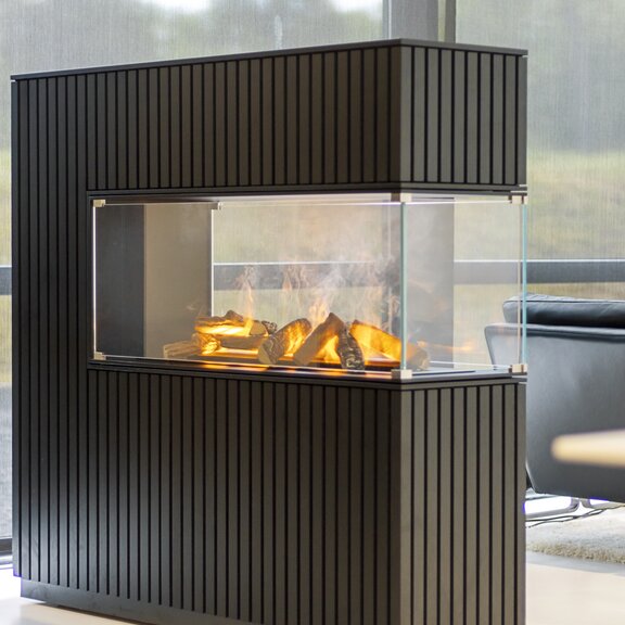 Electric fire panel wall room divider, depth, dark wood panelling, side view