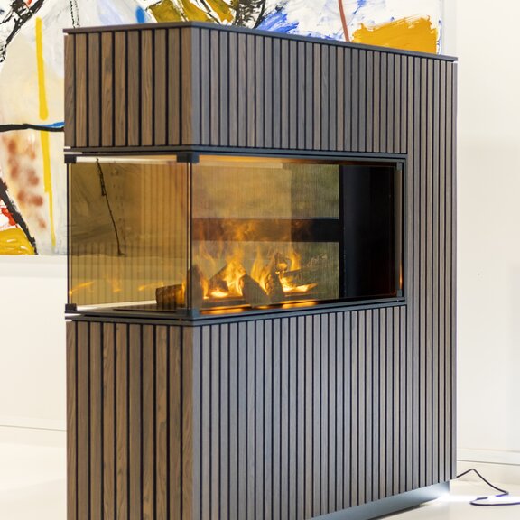 Electric fire panel wall room divider, depth, dark wood panelling with wall picture