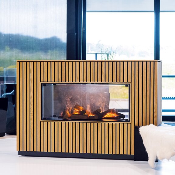 Electric fire, panel wall, deep tunnel, wood panelling with window front